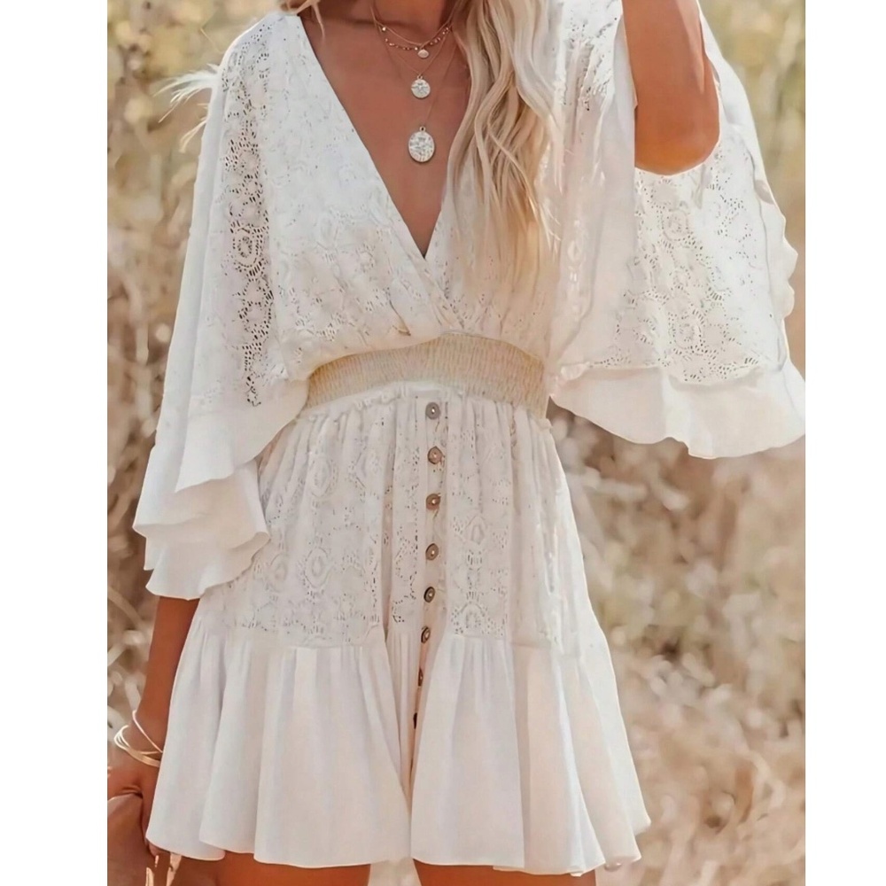 Boho Plunging Neck Kimono Sleeve Stretchy Waist Mini Dress - Picture 3 of 4
